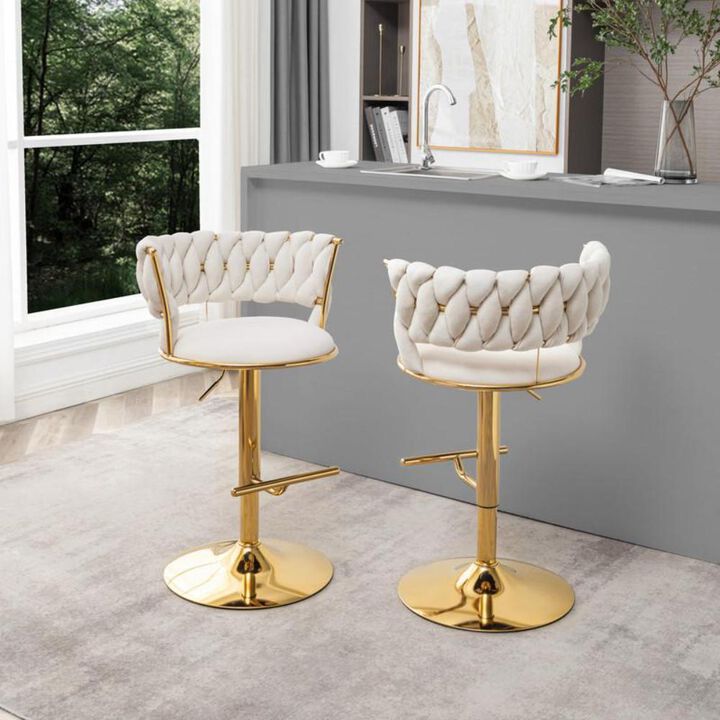 Cream adjustable barstool with gold color base (SET OF 2)