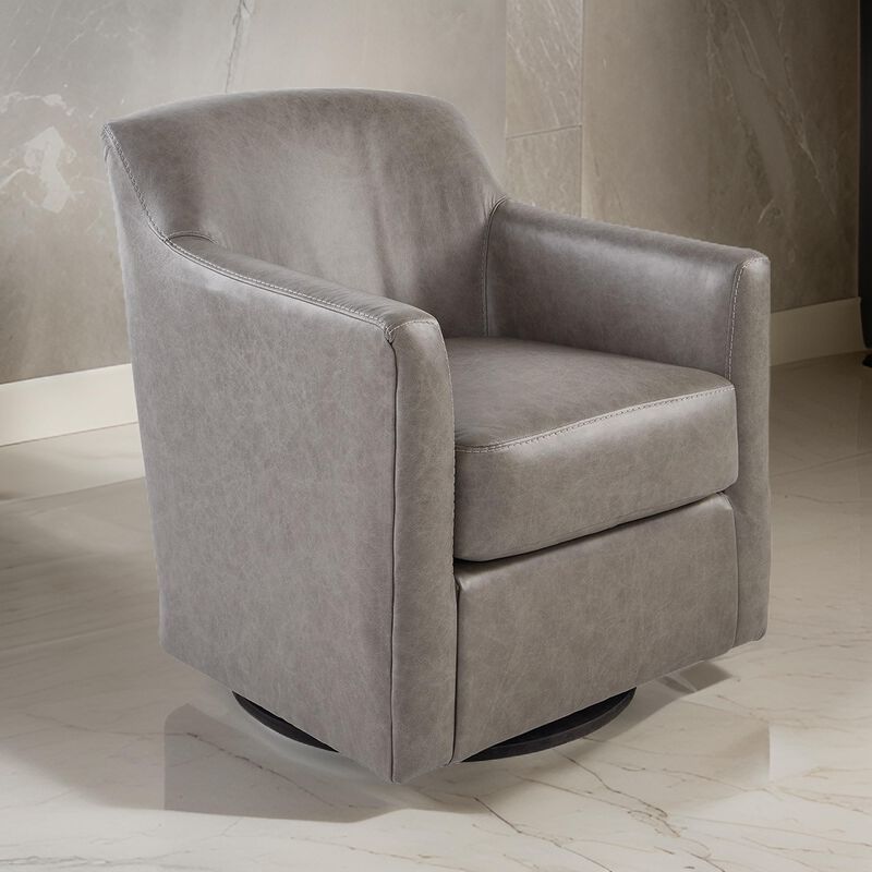 Leena Swivel Accent Chair, Plush Gray Genuine and Faux Leather, Black Metal - Benzara