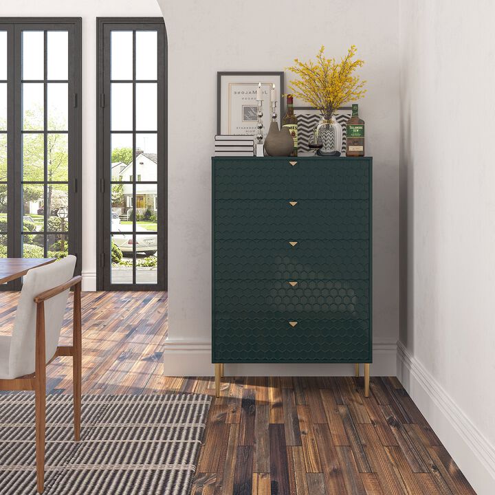 Green Accent Storage Cabinet with 5-Drawer Chest