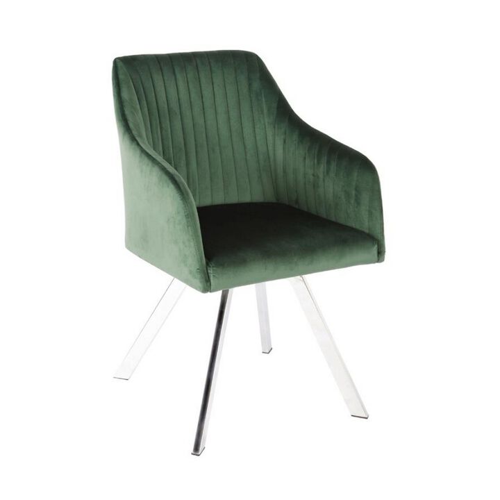 Metal Swivel Dining Chair with Channel Tufted Seat, Green-Benzara