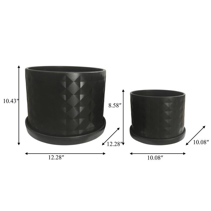 Sagebrook Home S/2 10/12 Diamond Planter W/ Saucer, Black