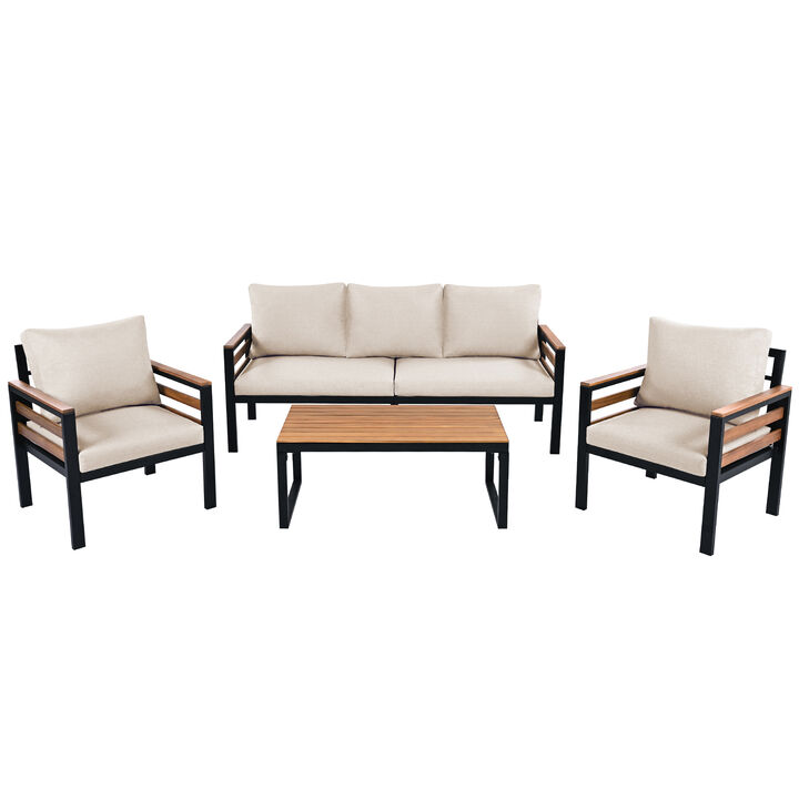 Whisen 4-Piece Outdoor Furniture Sofa Set, Patio Conversation Set with Removable Cushion and Solid Wood Coffee Table