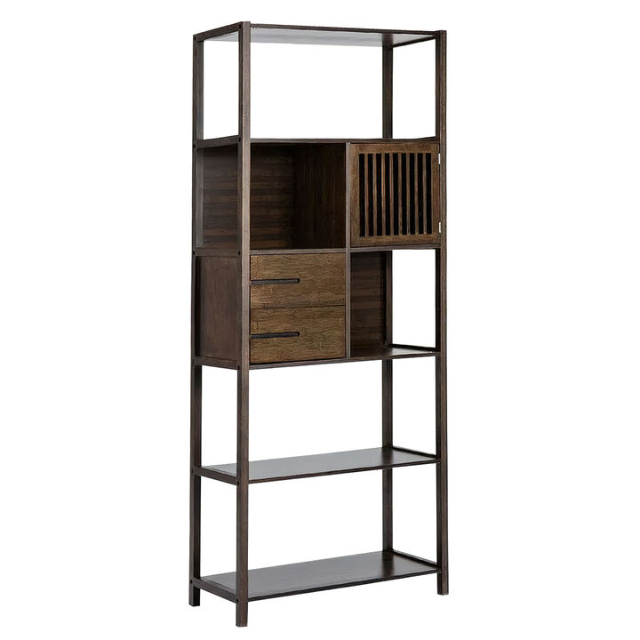 Axa 68 Inch Bamboo Shelf Bookcase with Cabinet, Right Facing, Dark Brown-Benzara
