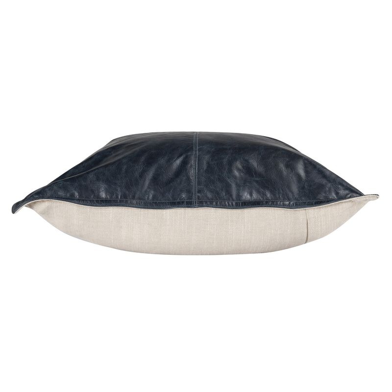 Norm 22 Inch Square Accent Throw Pillow, Pieced Design Classic Blue Leather-Benzara