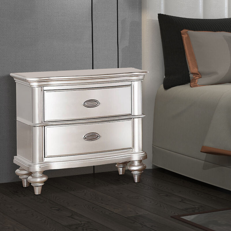 28 Inches 2 Drawer Wooden Nightstand with Turned Legs, Silver-Benzara