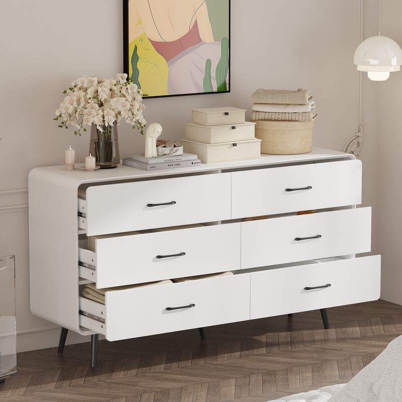 FUFU&GAGA Modern 6-Drawer Dresser, White Storage Cabinet with Black Handles & Legs, Spacious Bedroom Chest of Drawers for Clothes, Living Room & Entryway Organizer (54.9" W x 30.8" H x 15.6" D),White