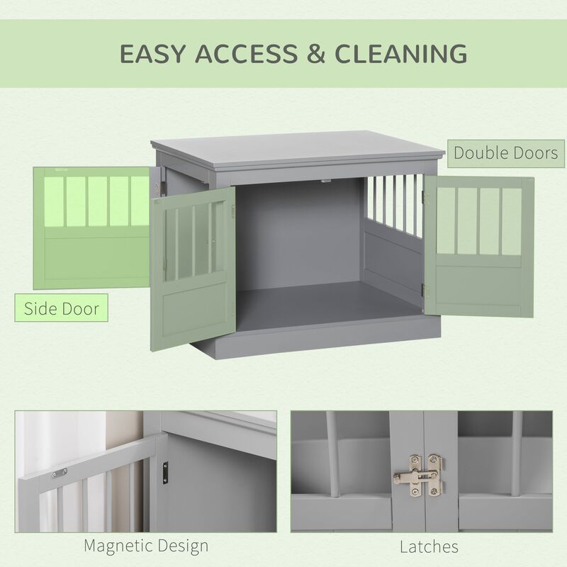 Pewter Gray Pet Furniture: Wooden Dog Crate End Table with 3 Doors