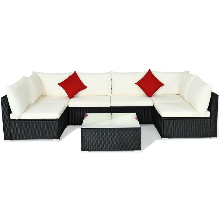 7 Pieces Sectional Wicker Furniture Sofa Set with Tempered Glass Top-Beige