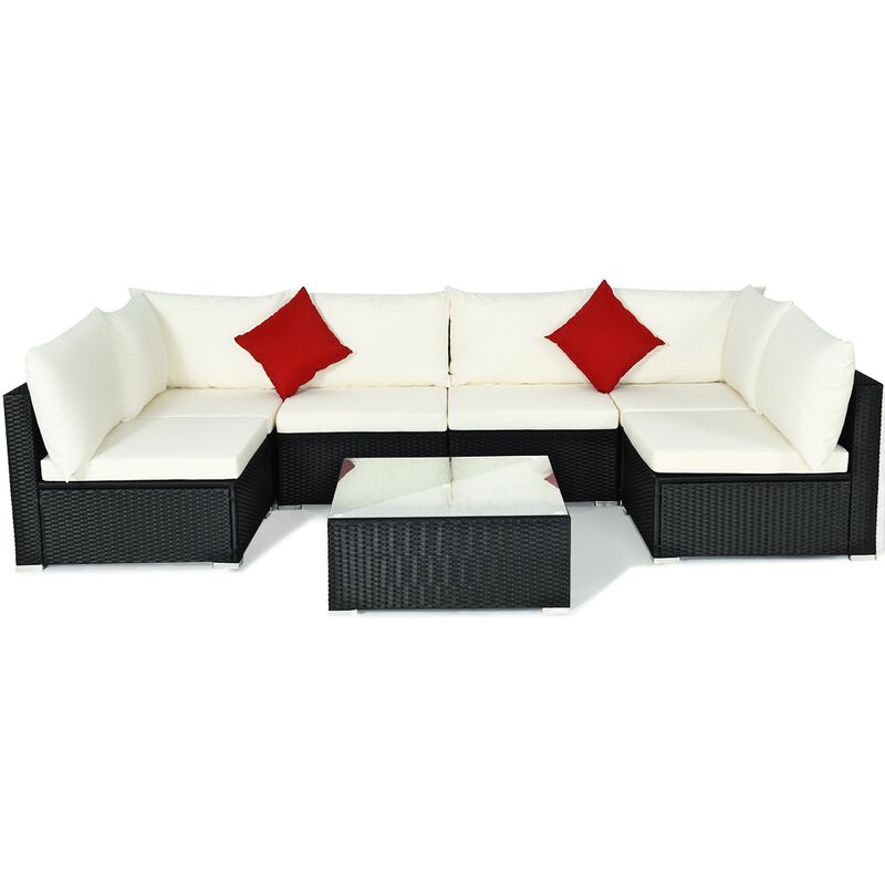 7 Pieces Sectional Wicker Furniture Sofa Set with Tempered Glass Top-Beige