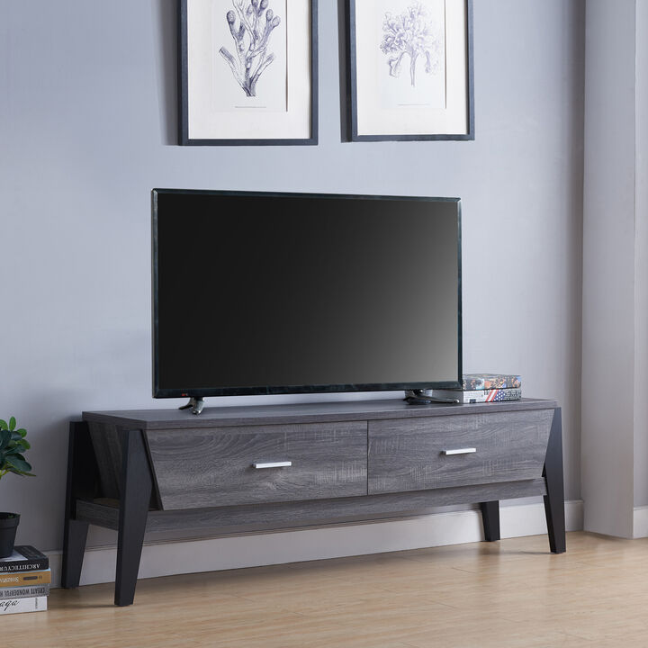 Distressed Grey & Black Ample Top Base TV Stand with 2 Drawers