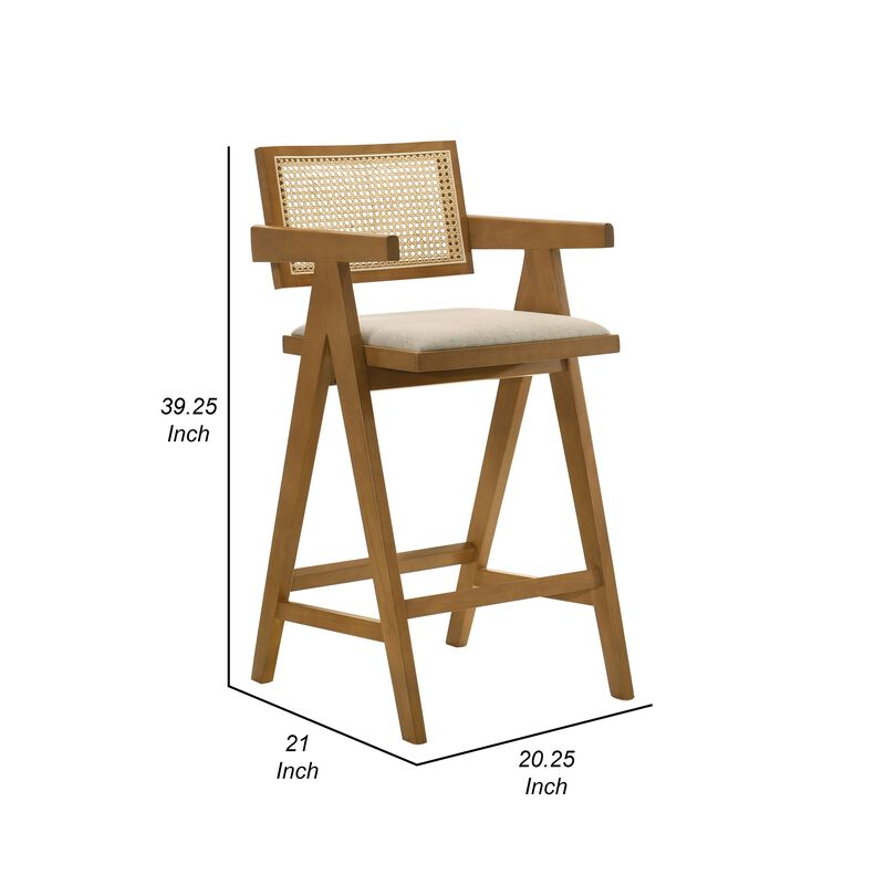 Jane Barstool Chair Set of 2, Sand Beige Rattan, Walnut Brown Solid Wood - Benzara