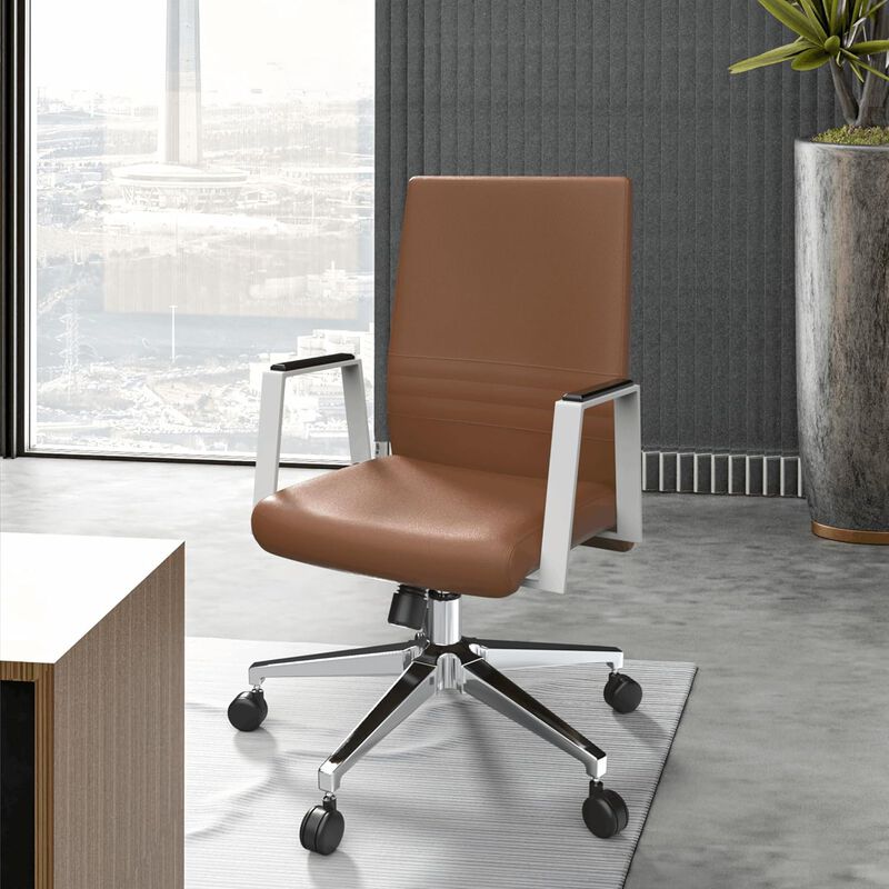 LeisureMod Aleen Mid-Century Modern Office Chair in Upholstered Leather and Iron Frame with Swivel and Tilt
