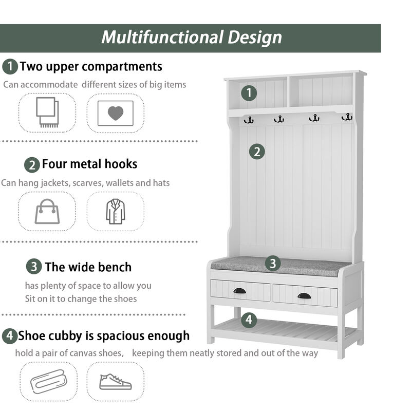 68.5 in. White Wood 3-in-1 Hall Tree Coat Rack Storage Bench with 4-Metal Double Hooks and 2-Drawers, Shelves