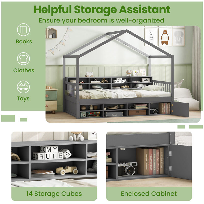 House Bed with Roof with 14 Storage Cubes and Enclosed Cabinet