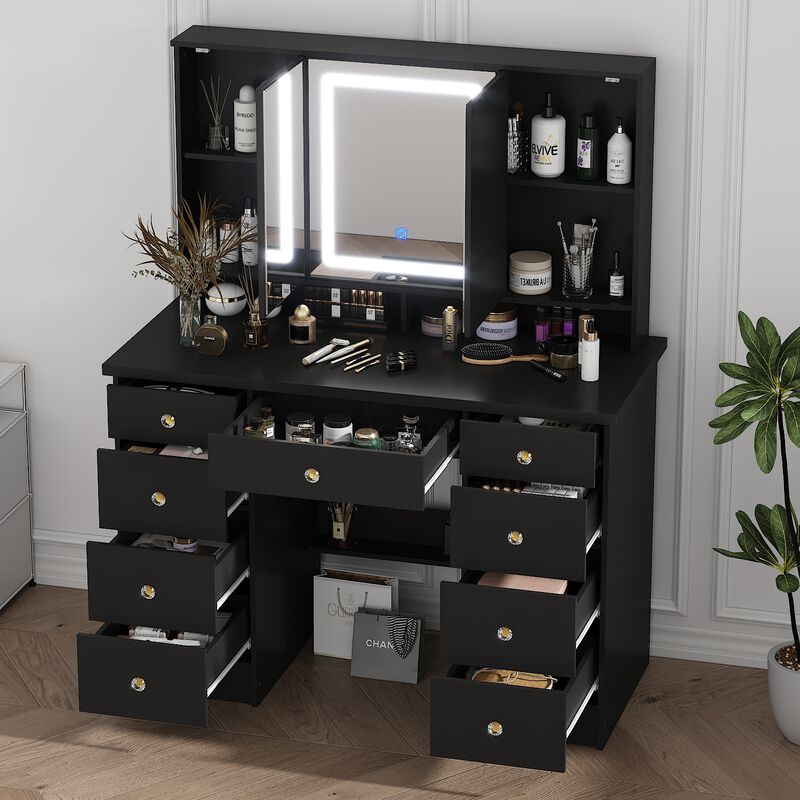 FUFU&GAGA Black Makeup Vanity with LED Mirror, 6 Drawers and Storage Compartments (43.3" W x 53.9" H x 19.7" D), Elegant Black