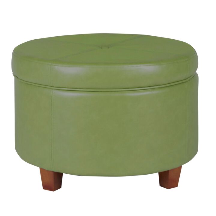 Leatherette Upholstered Wooden Ottoman with Single Button Tufted Lift Top Storage, Green, Large - Benzara