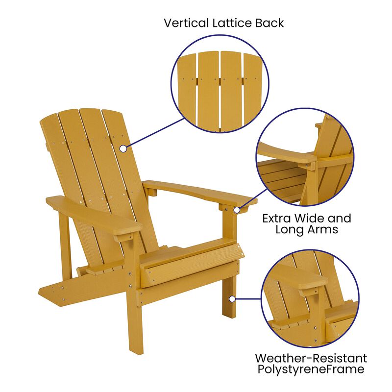 Flash Furniture 3 Piece Charlestown Adirondack Chair Set with Fire Pit - 2 Yellow Poly Resin Wood Chairs - Star and Moon Fire Pit with Mesh Cover