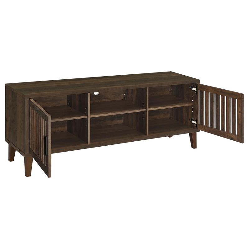 Sid TV Stand Media Cabinet, 2 Slatted Doors, Shelf, Brown Wood 60 Inch - Benzara