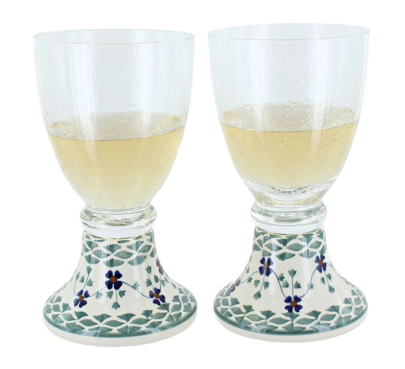 Blue Rose Polish Pottery Small Dots 2 Piece Wine Glass Set