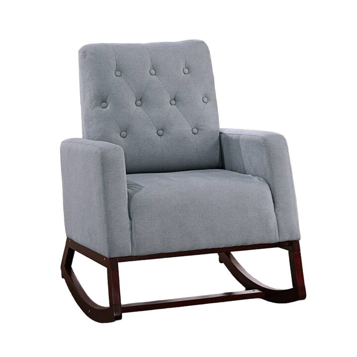 Clair Rocking Chair, Espresso Brown Solid Wood, Gray Button Tufted - Benzara