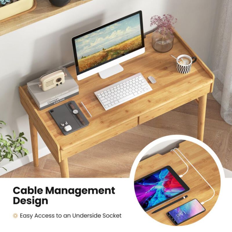 Hivvago Bamboo Writing Desk with 2 Storage Drawers and Open Shelf
