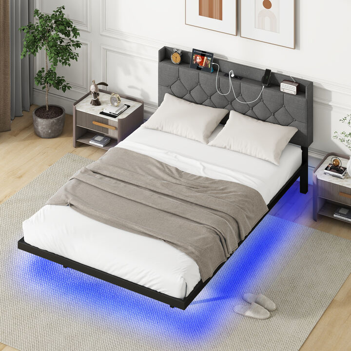 Floating Bed Frame with LED and Headboard and Charging Station