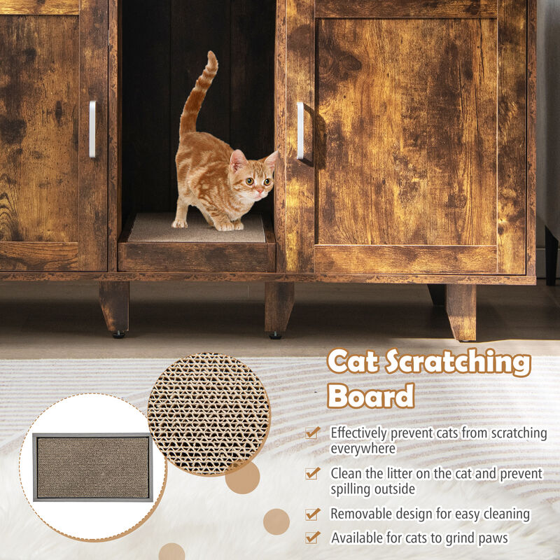 2-Door Cat Litter Box Enclosure with Winding Entry and Scratching Board