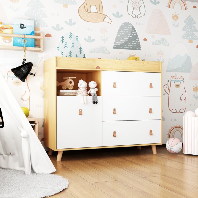 4-Drawer Brown Wood 44.9 in. W Kids Low Dresser Storage Organizer Cabinet With Changing Table Open Shelf