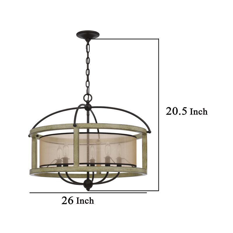 Acia 26 Inch Chandelier, Classic Round Organza Shade Wood, Metal  - Benzara