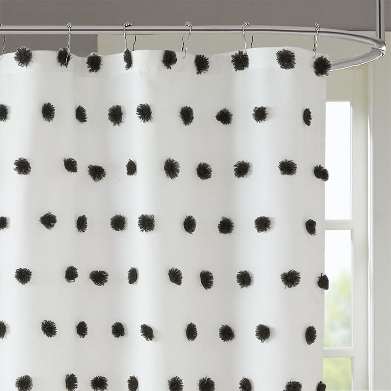 Belen Kox Black Pom Pom Clip Shower Curtain, Belen Kox