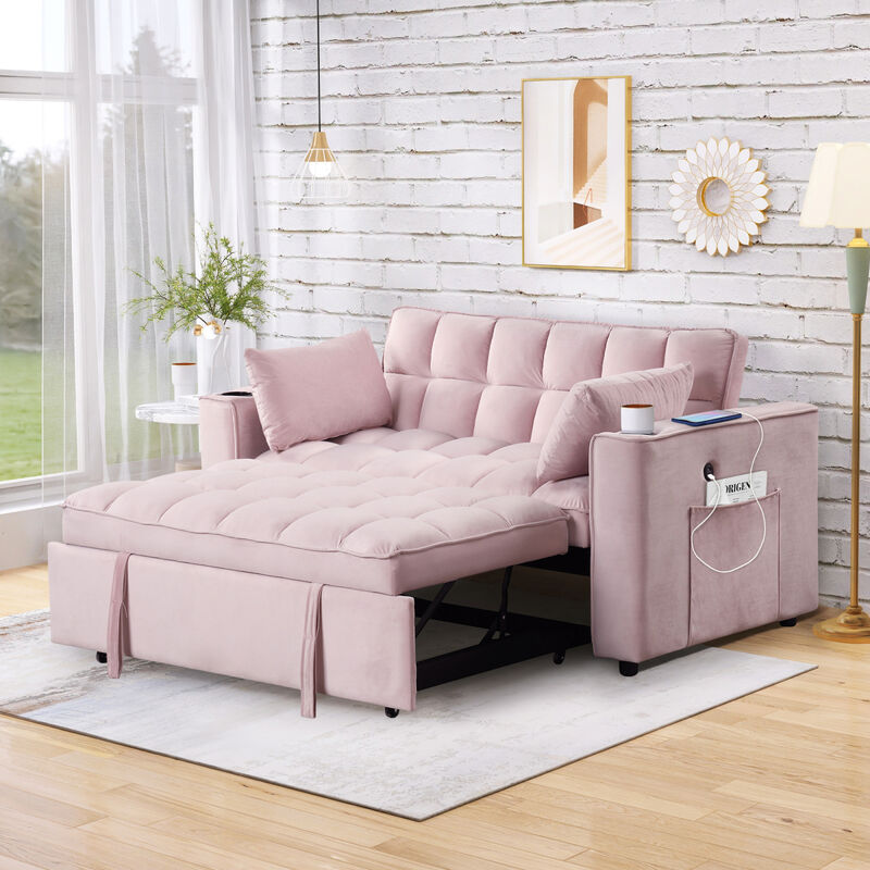 55.3" 41 Multifunctional Sofa Bed With Cup Holder And USB Port For Living Room Or Apartments Pink