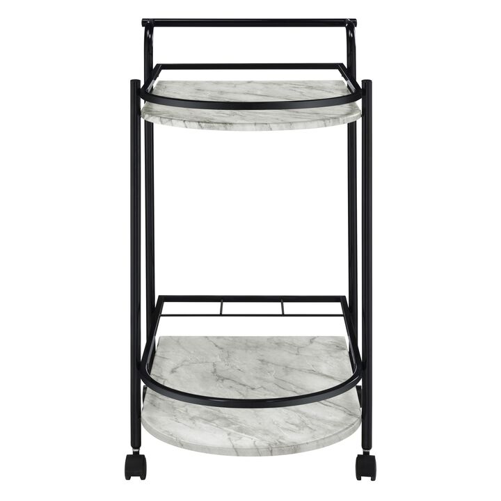 Rhea 32 Inch Bar Cart Trolley, U Shaped Tray, Faux Marble Shelves, Black-Benzara