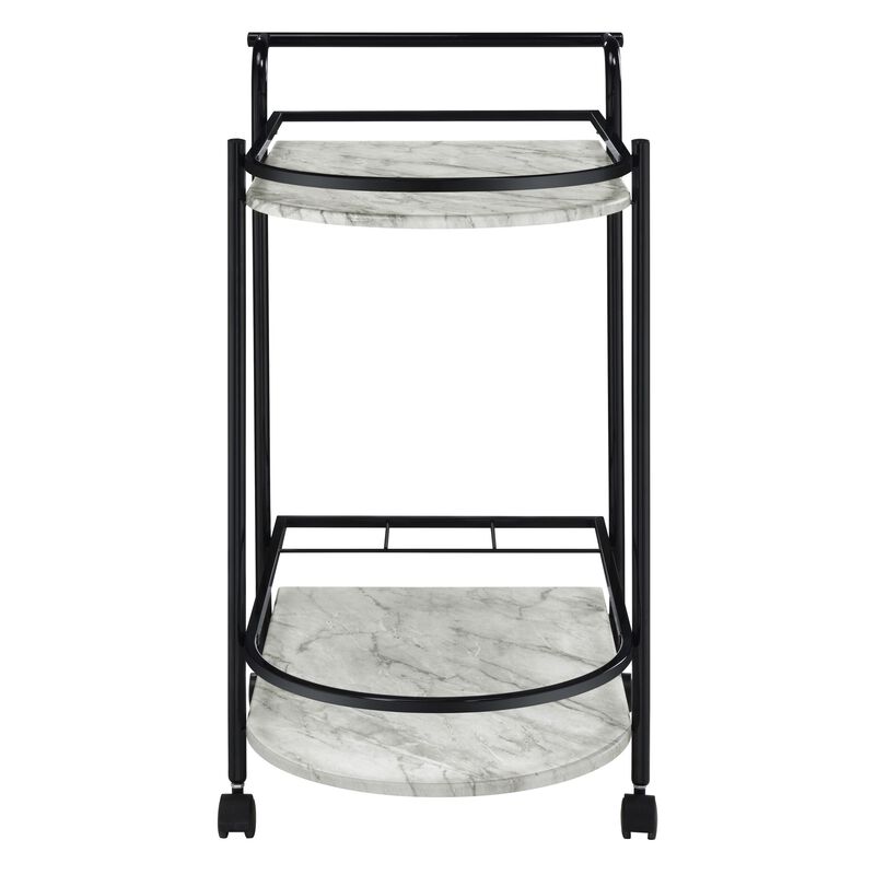 Rhea 32 Inch Bar Cart Trolley, U Shaped Tray, Faux Marble Shelves, Black-Benzara