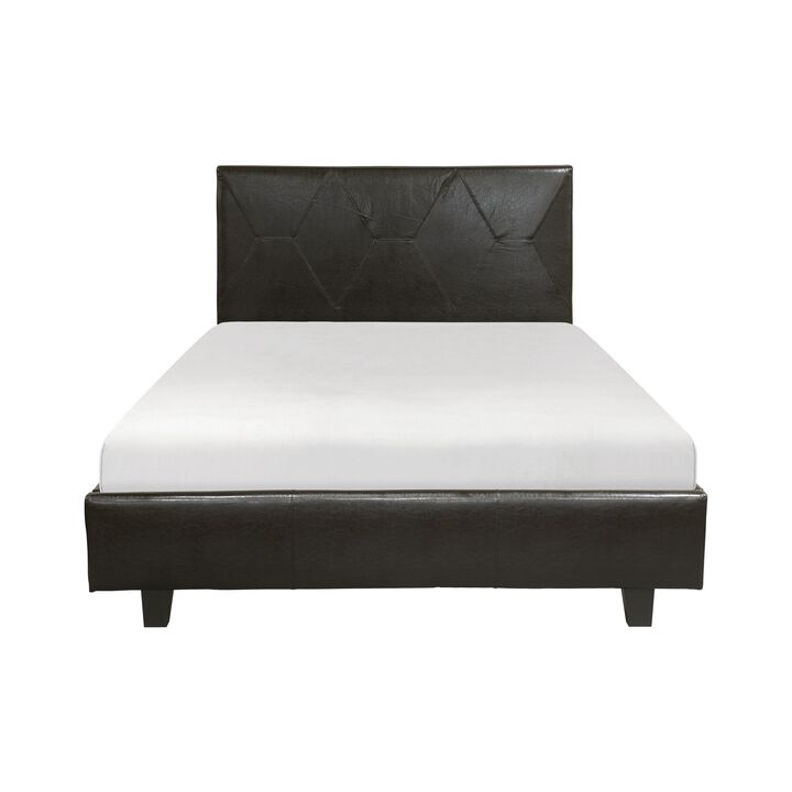 Leo Queen Size Platform Bed, Diamond Stitch Brown Faux Leather, Solid Wood - Benzara