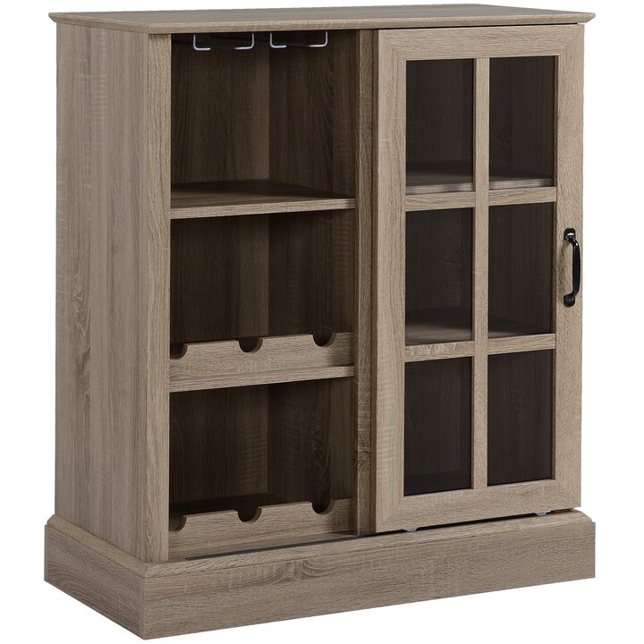 Brown Bar Cabinet: Sideboard with Sliding Glass Door & Wine Rack