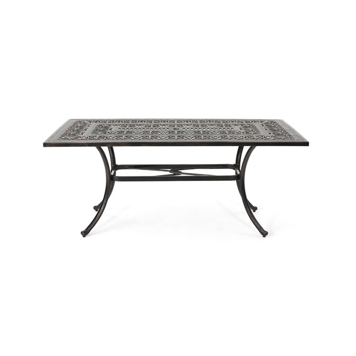 Shaili Outdoor Dining Table, Rectangular 68 Inch, Shiny Copper Cast Metal - Benzara