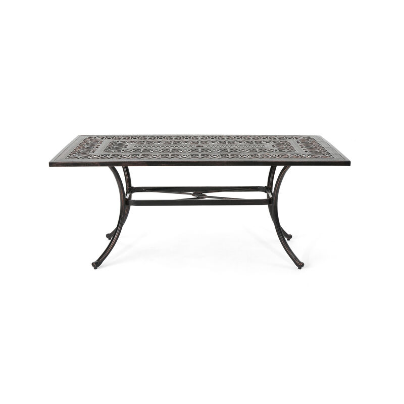 Shaili Outdoor Dining Table, Rectangular 68 Inch, Shiny Copper Cast Metal - Benzara