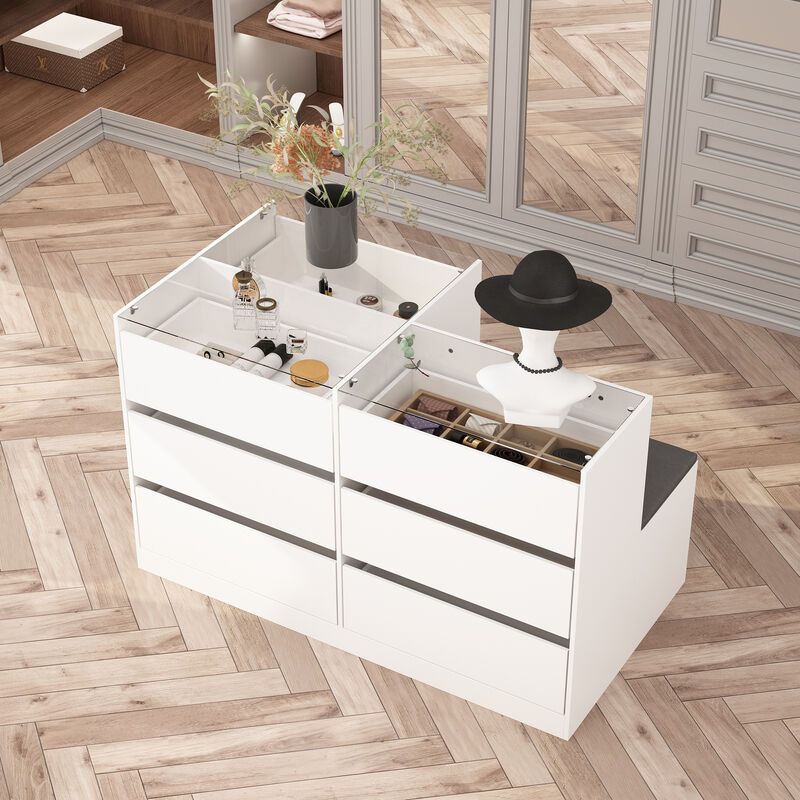 Armoire Bedroom Island Wardrobe Closet Island with 9 Drawers & Glass Tabletop, Island Dresser with Cushion Bench, Closet Island for Bedroom Cloakroom White (47.2”W x 27.5”W x 31.5”H)