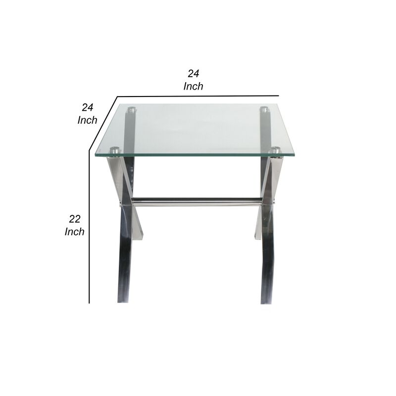 Tia 24 Inch Side End Table, Square Tempered Glass Top, X Shape Steel Legs  - Benzara