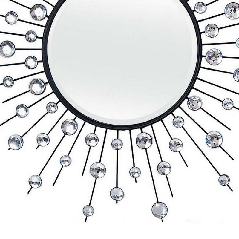 32 Inch Wall Decor, Round Mirror, Sunburst Style, Metal, Black, Silver - Benzara