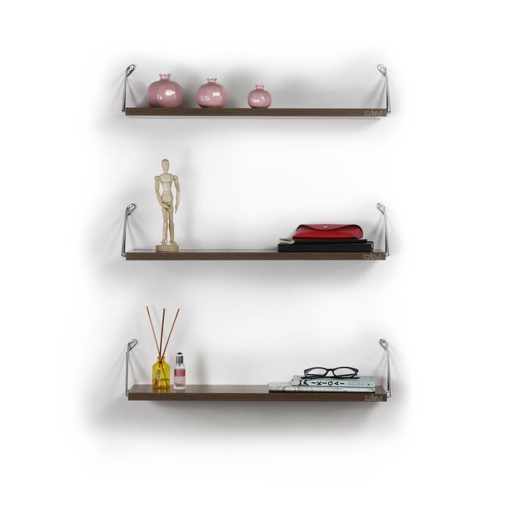Altai Floating Wall Decor Wall Mounted Rustic Decorative Hanging Metal Bracket Triple Shelves for Books, Walnut/Chrome
