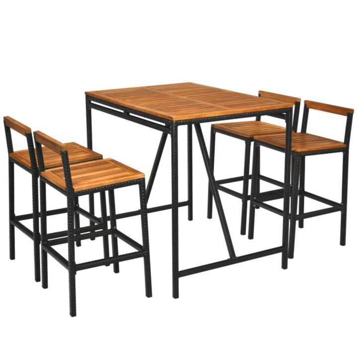 Hivvago 5 Pieces Outdoor Acacia Wood and PE Rattan Bar Set