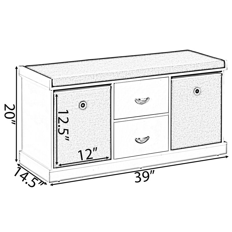 White Shoe Storage Bench with Wooden Frame, 2 Drawers, Foldable Baskets, and Comfortable Gray Cushion for Entryway, Hallway, or Bedroom Organization