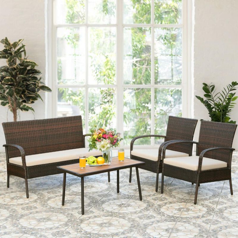 Hivvago 4 Pieces Patio Cushioned Wicker Conversation Set with Acacia Wood Tabletop
