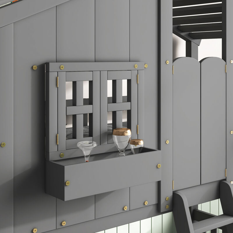 Twin Over Twin House Bunk Bed With Roof, Window, Window Box, Door, With Safety Guardrails