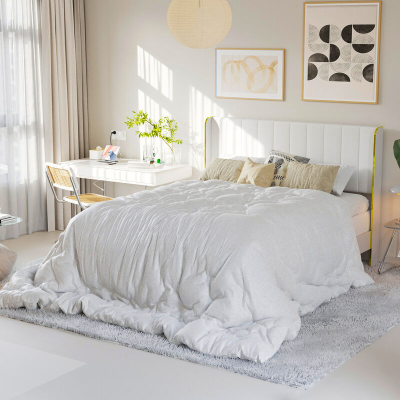 FUFU&GAGA Modern White and Gold Bed Frame with PU Leather Headboard, P2 MDF Construction, and Sturdy Golden Feet (81.1" L x 63" W x 44" H),White and Gold
