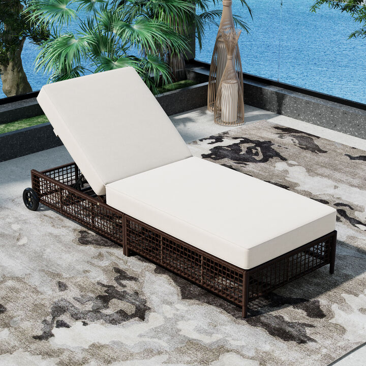 Merax Rattan Outdoor Lounge Chair with Cushion and Wheels for Poolside