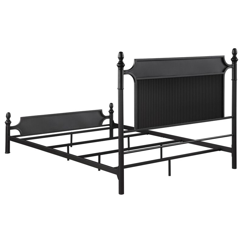 Dei Queen Size Bed, Classic Ribbed Panel Headboard, Black Metal Frame - Benzara
