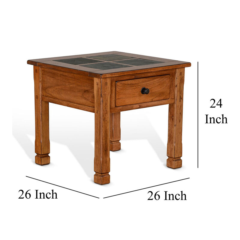 Marv Side End Table w Drawer, 26 Inch Square Slate Inlay Top, Brown - Benzara