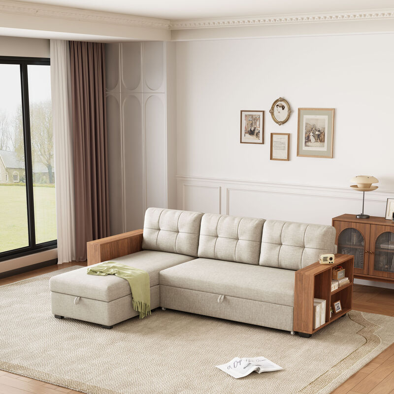 Merax Upholstered Pull Out Sectional Sofa with Storage Chaise